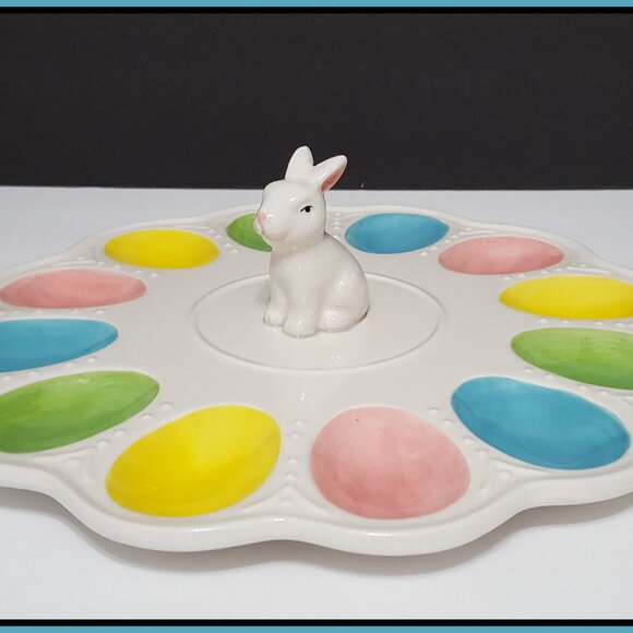 NEW RARE Finch + Robin Bunny Easter Deviled Egg Plate 11.75'' Ceramic NIB - Picture 2 of 7